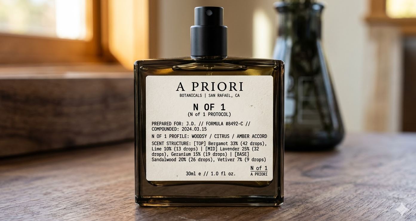 A Priori N of 1 bottle with custom scent label